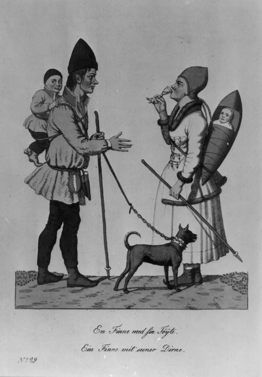 "En Finne med sin Töyte" Tegning av en mann med et barn på ryggen og hund i bånd,  en kvinne med barn i komse. Etter Dreiers tegning 1812-15.