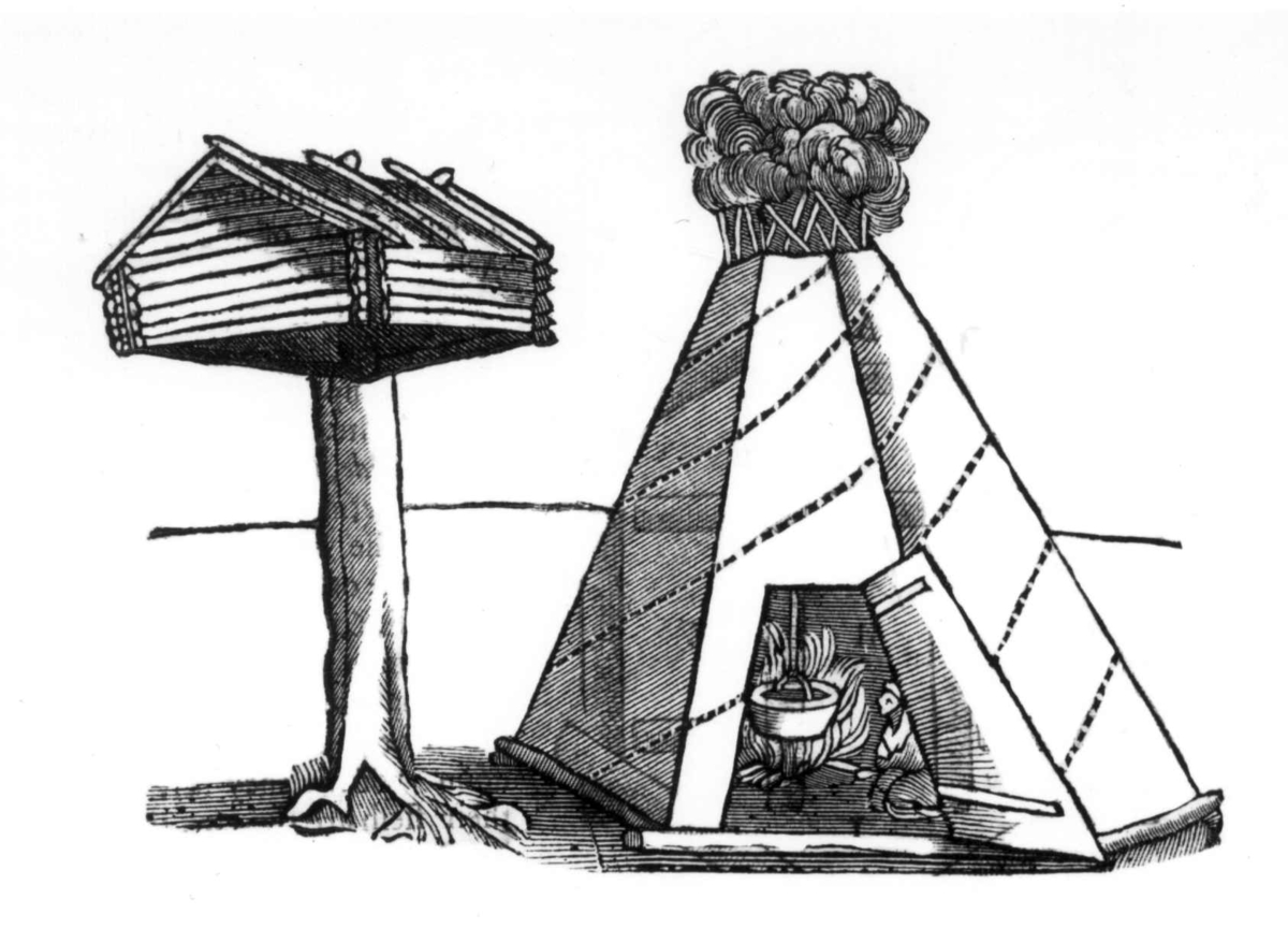 Tegning av njalla (stolpebod) og telt med en person ved kokestededet i teltet. Fra Scheffer: History of Lapland.