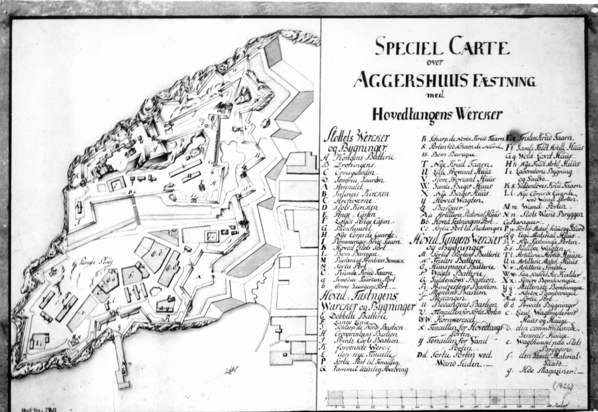 Akershus slott og festning, Oslo. Kart, pennetegning, akvarell med skrift.