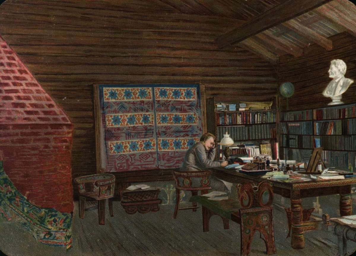 Postkort. Julehilsen. Fridtjof Nansen i sitt arbeidsværelse. Interiøret antagelig innredet av Gerhard Munthe.  Datert 24.12.1896.