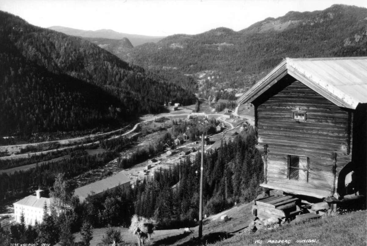 Rødberg, Nore og Uvdal. 1930. Oversiktsbilde. Utsikt over bygda. Gårder omgitt av skog og fjell. Stabbur i forgrunnen.