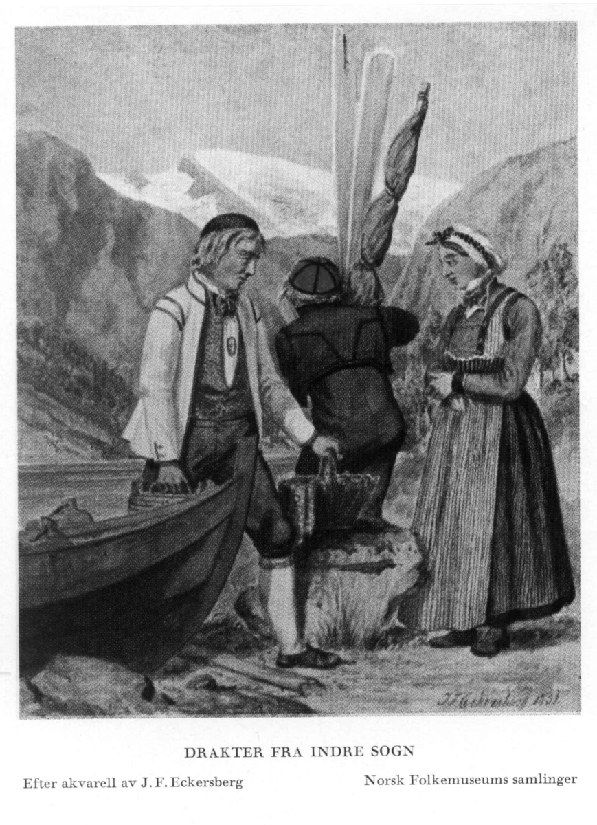 Avfotografert postkort utgitt av Norsk Folkemuseum.
Kvinne- og mannsdrakt