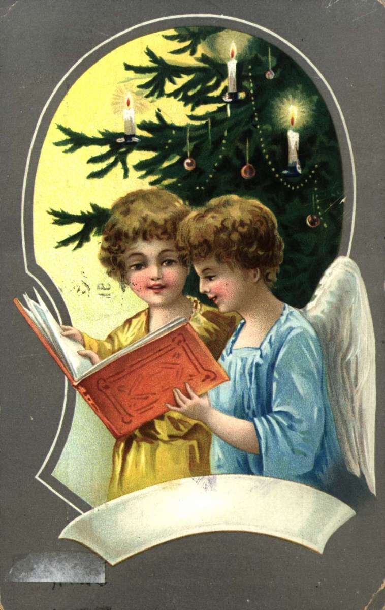 Julekort. Jule- og nyttårshilsen. To engler foran et juletre. Leser i en bok. Stemplet 26.12.1909.