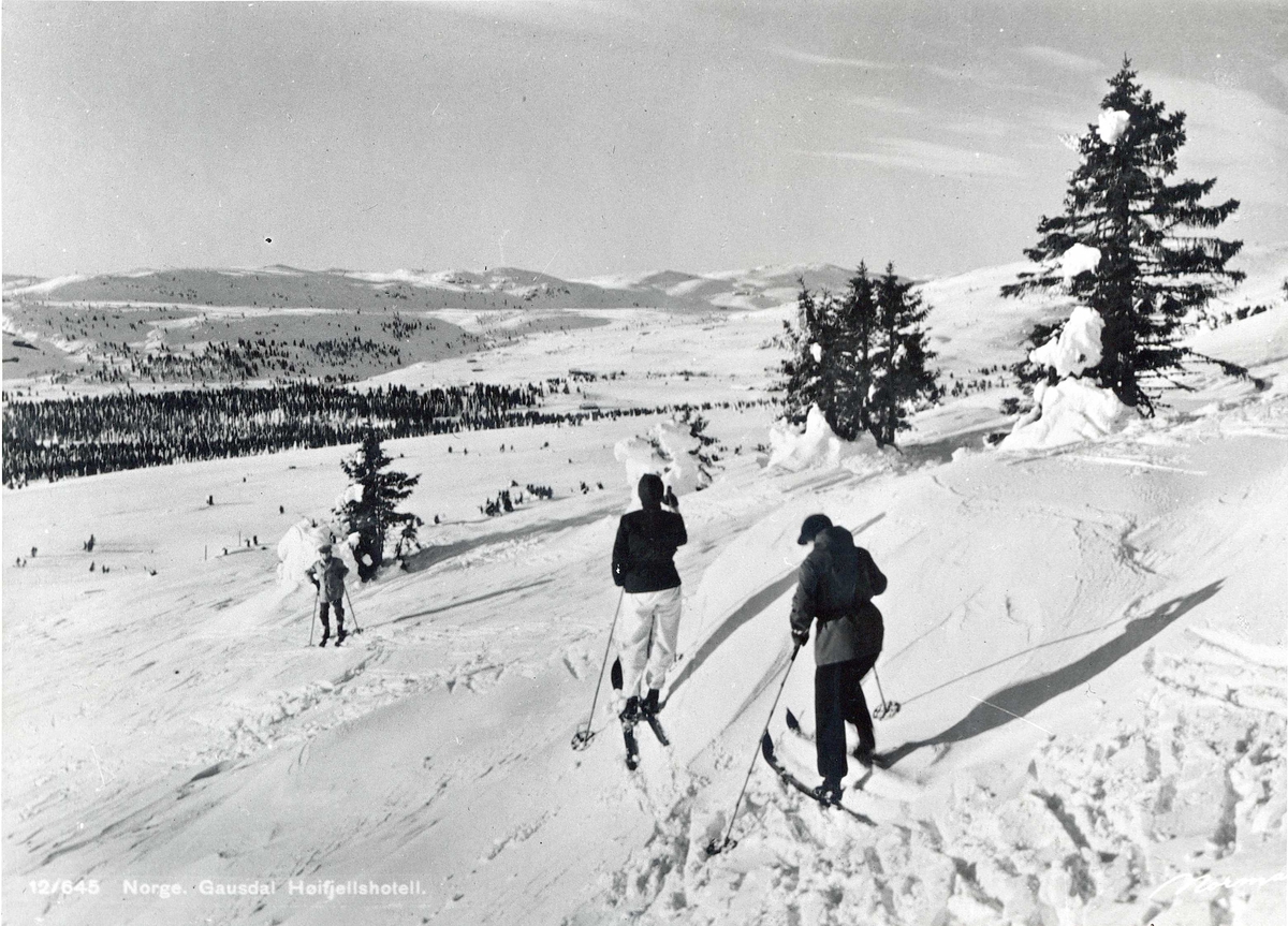 Avfotografert postkort. Tre skiløpere på vei ned en bakke et sted i fjellet i nærheten av Gausdal høyfjellshotell.
