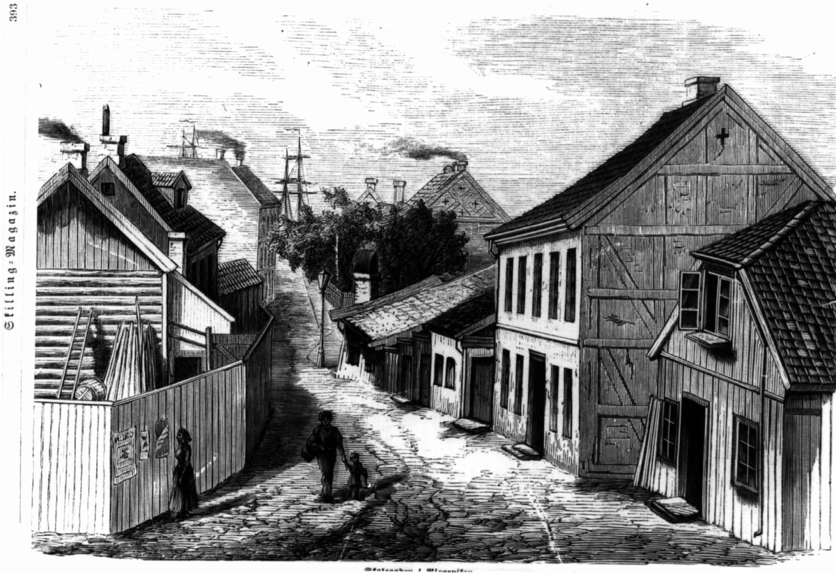 Skolegaten i Pipervika, Oslo 1878. Tegning av småhus langs gate. Avfotografert illustrasjon fra Skillings-Magazin.