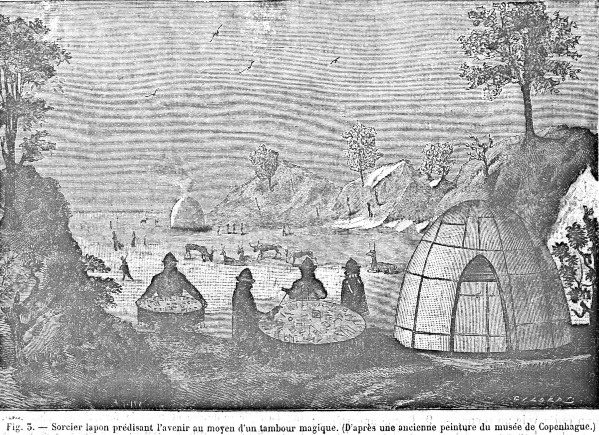 Roland Bonaparte sin samling. 
Roland Bonaparte: "Les lapons" (La Nature, Paris 1885 - bind 2, side 118 -22). Samer med runebommer utenfor et telt.
Bonaparte