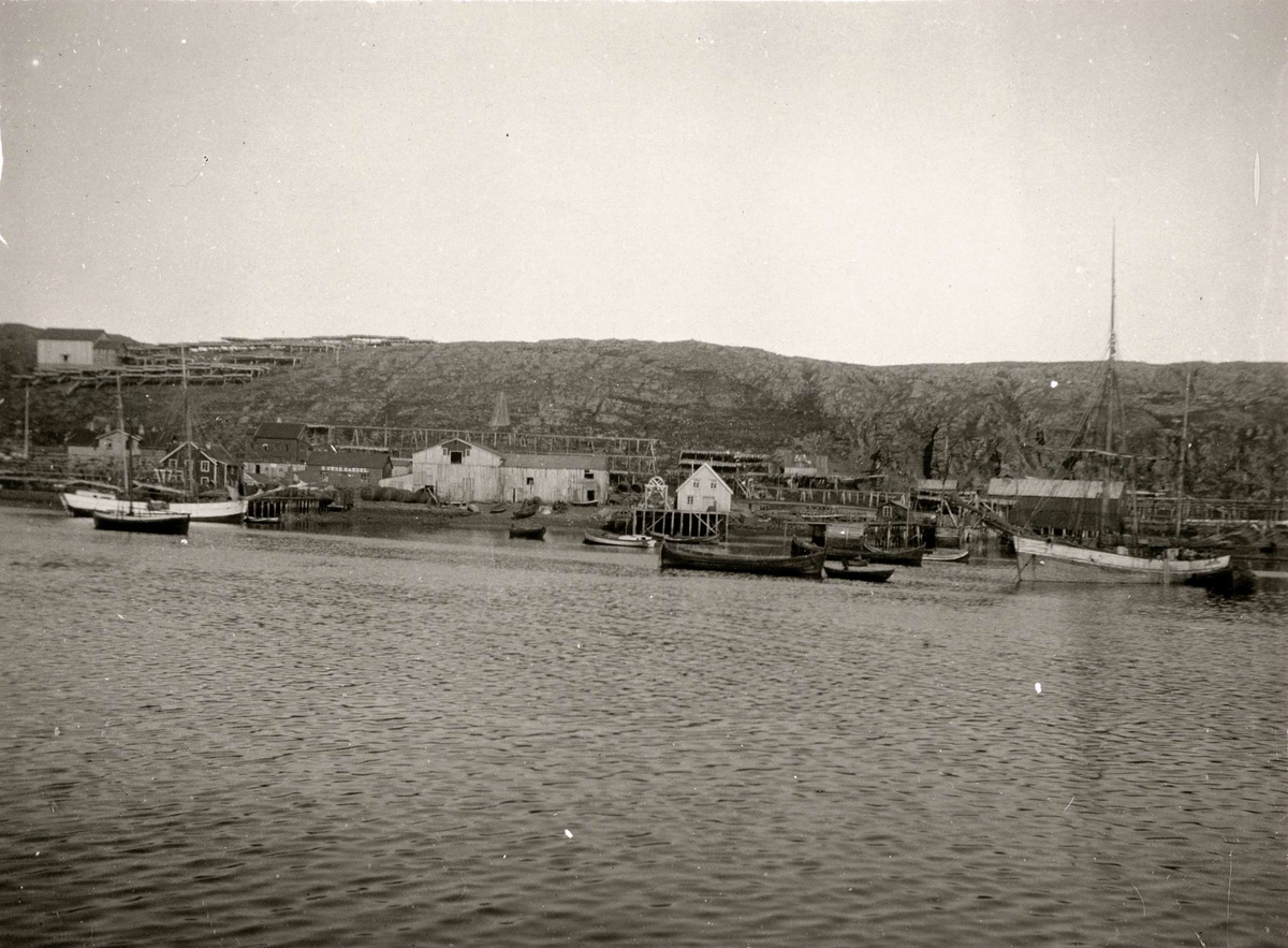 Landskap, kystparti Øst-Finnmark, med utsyn over fjorden med ulike båter, havneområde med bebyggelse i bakgrunnen. Fiskehjell flere steder.
Del av serie fra en forskningsreise i Øst-Finnmark 1909.