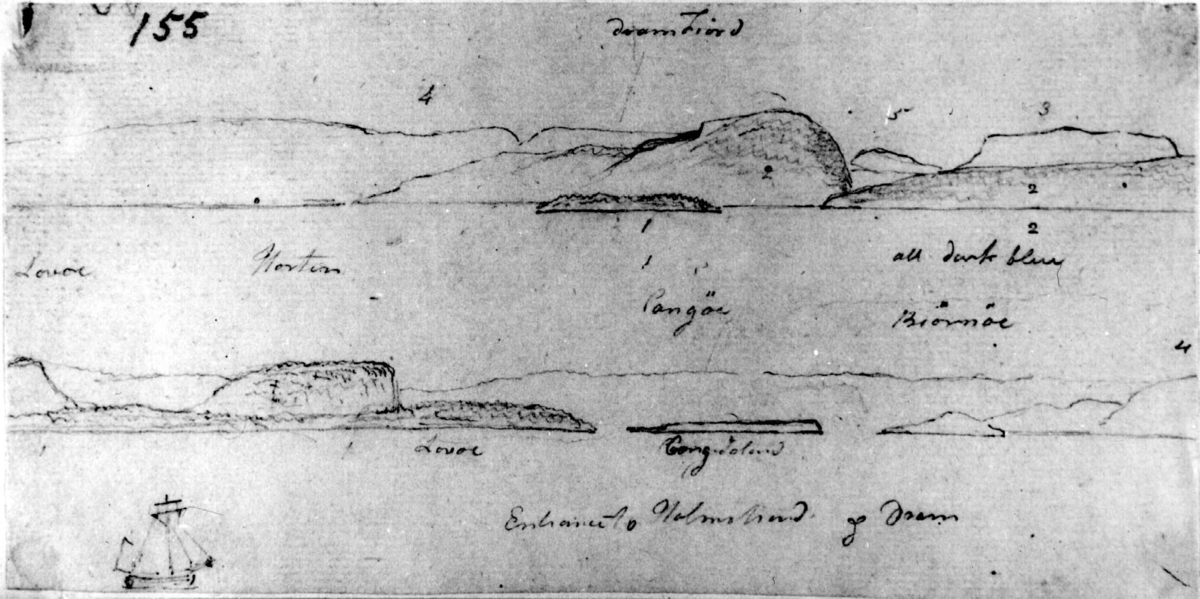 Oslofjorden ved Vestfold. Blyantskisse av John Edy.
Fra skissealbum av John W. Edy, "Drawings Norway 1800".