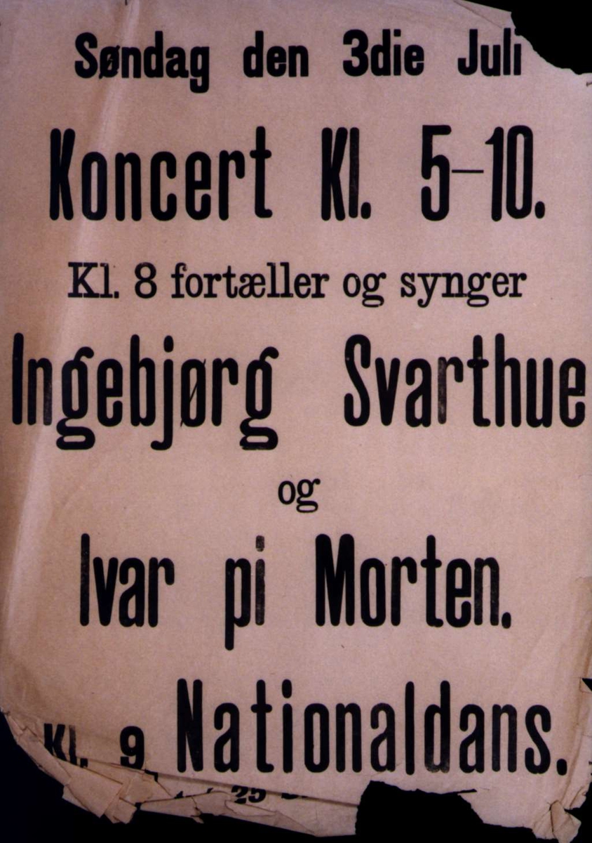 Plakat. Nationaldans og konsert med Ingebjørg Svarthue og Ivar pi Morten på Norsk Folkemuseum i 1904.