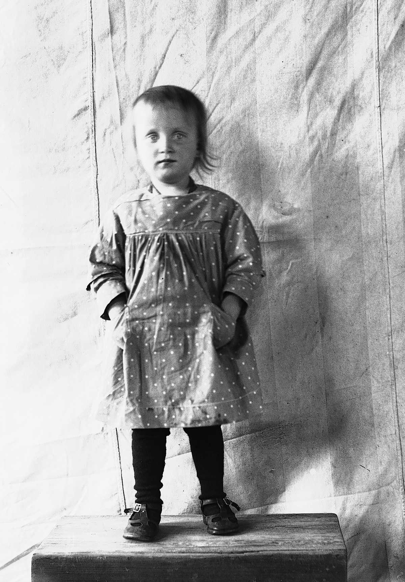 Portrett av jente stående på krakk foran opphengt bakteppe, ukjent sted. Antatt en av barna i familen Axel Q. Wiborg.