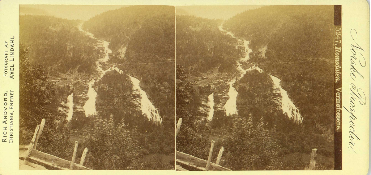 Vermafossen, Rauma, Møre og Romsdal.
Fra fotograf Axel Lindahls (1841-1906) serie stereofotografier, "Norske Prospecter".