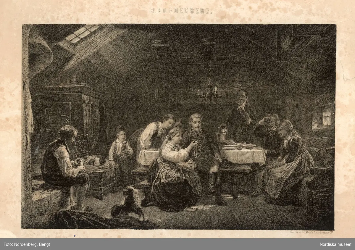 Litografi efter B Nordenberg, "Brudgåvor". Allmogeinteriör med ett dukat bord och ett sällskap som betraktar gåvorna.