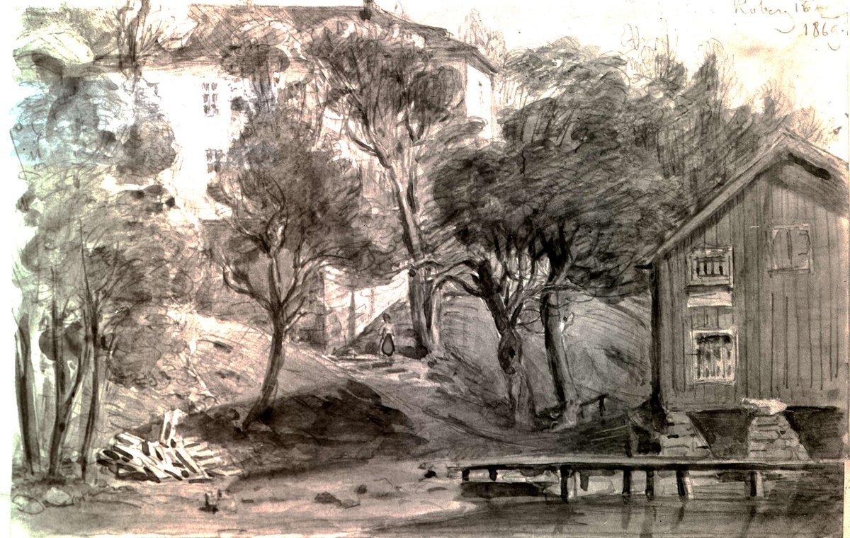 Tuschteckning av Fritz von Dardel. Sjöbod och brygga. I bakgrunden huvudbyggnad. Koberg 1869.