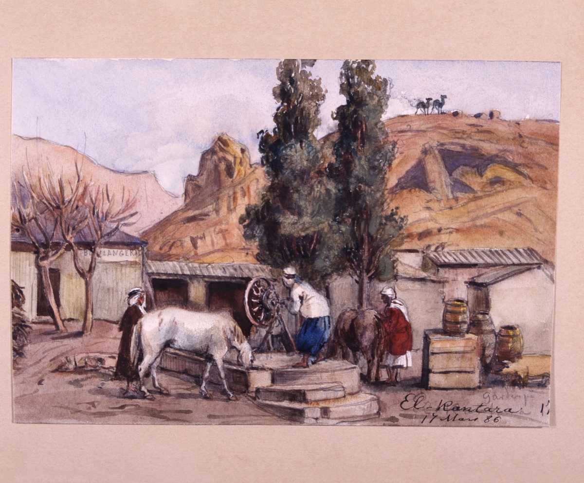 El Kantara 17 mars 1886". Algeriet. Några män vevar upp vatten till sina hästar. Akvarell av Fritz von Dardel, 1886