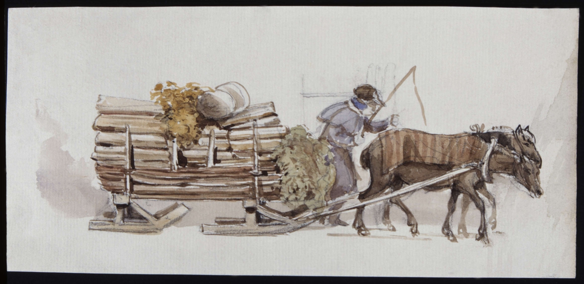 Vedfora dragen av två hästar. Akvarell av Fritz von Dardel
