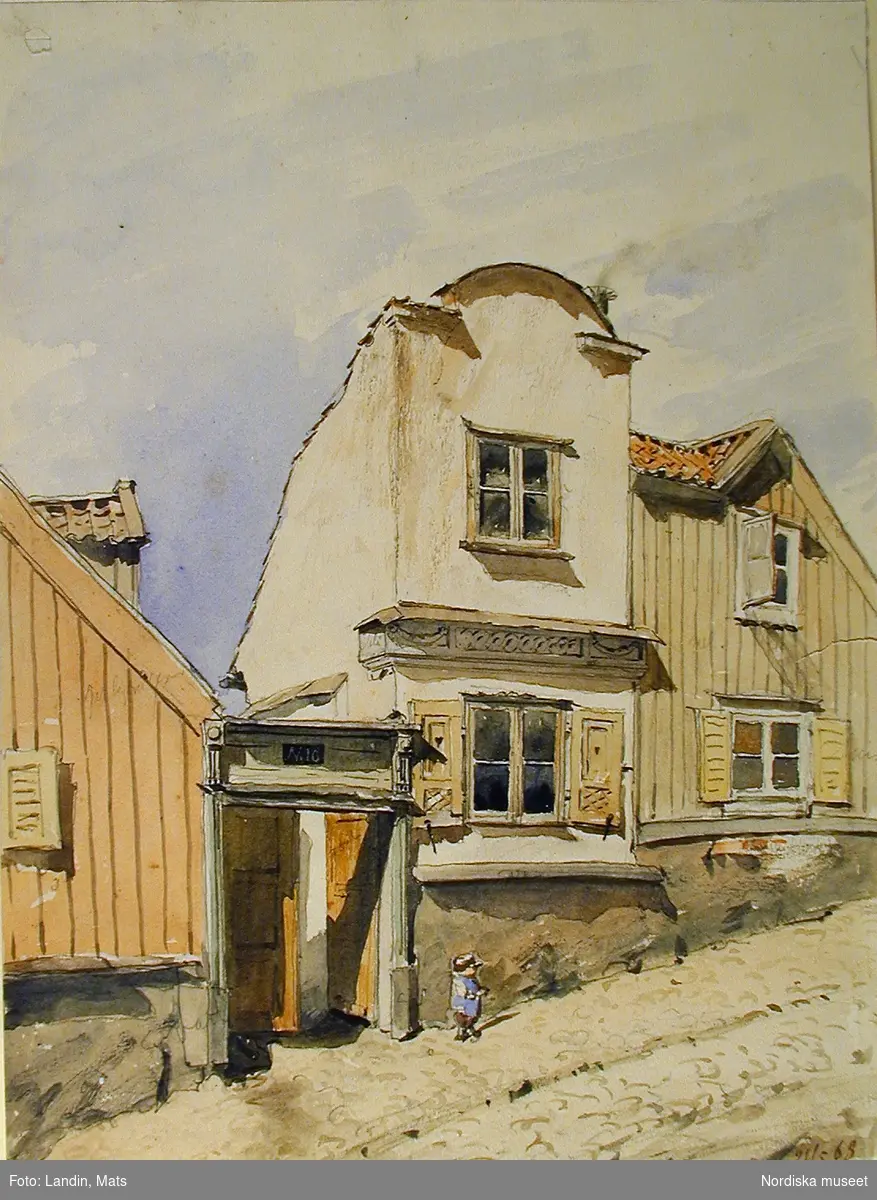 Akvarell av A T Gellerstedt."Husgavlar vid porten till Timmermansgatan 10, i backen ovanför Skinnarviken, en solig majdag 1868."