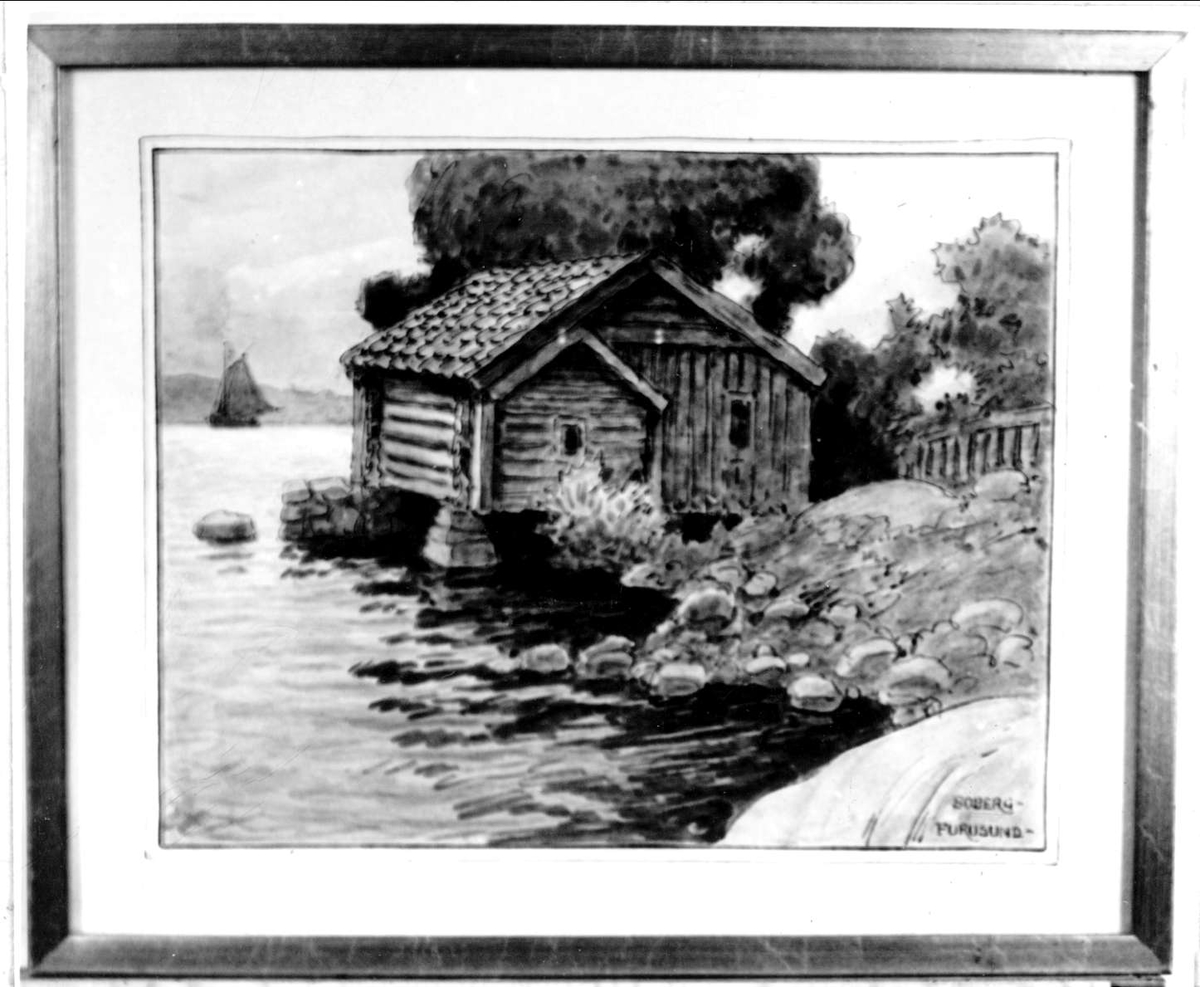 Akvarellen föreställer ett båthus i Furusund, Blidö socken, Uppland