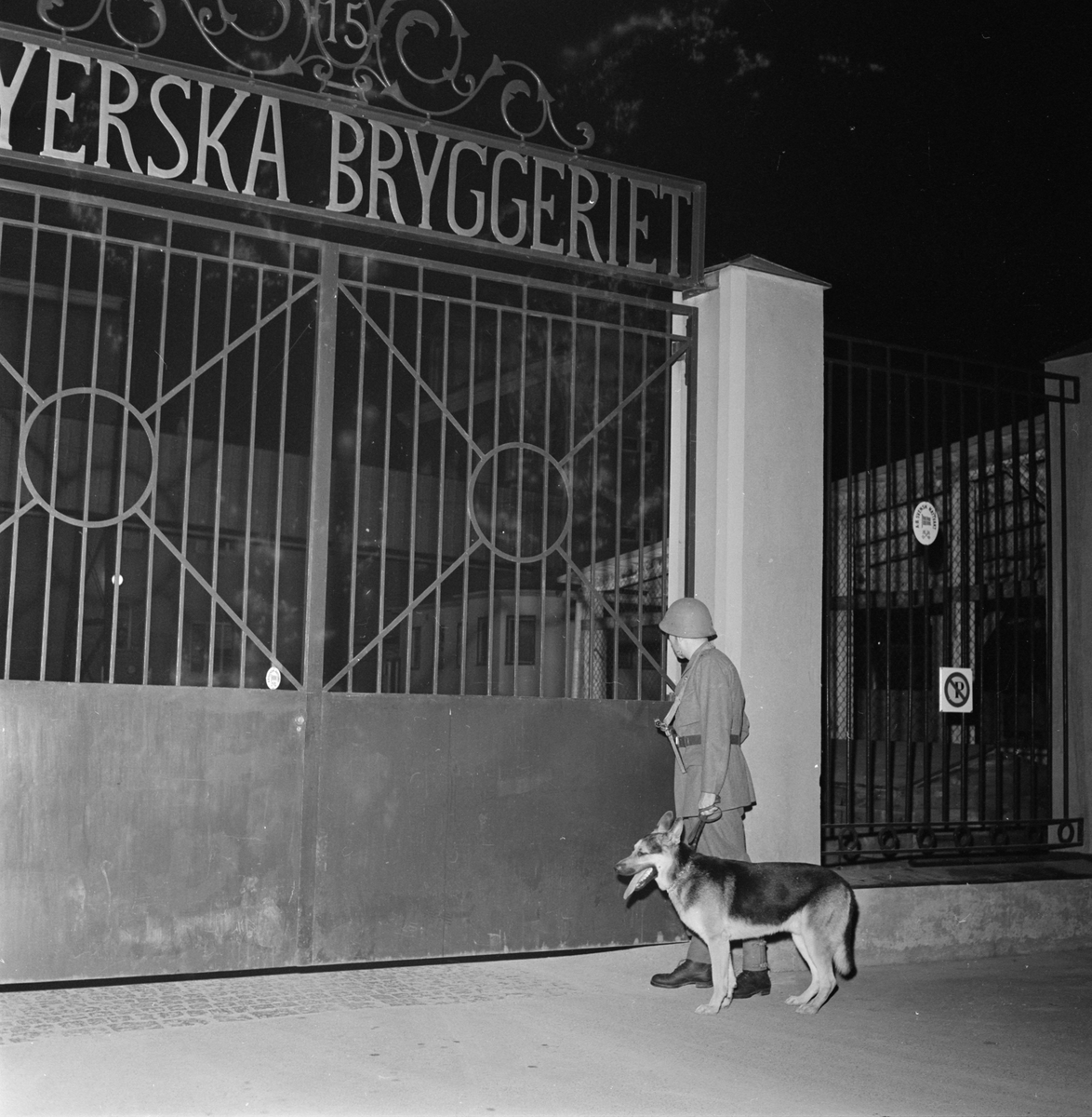 Nattvakt med hund vid Upsala Bayerska Bryggeri i kvarteret Sandbacken, Dragarbrunn, Uppsala