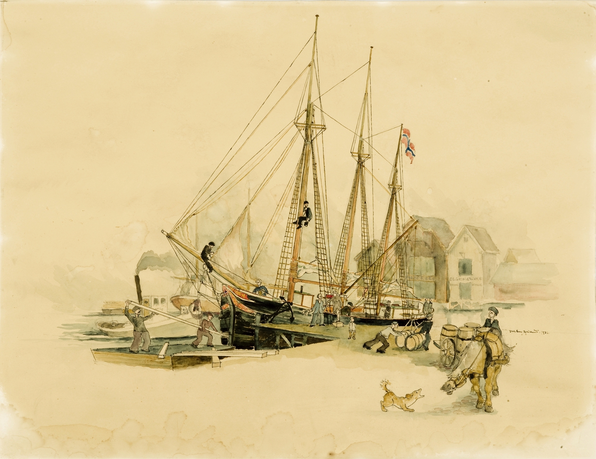 Forestiller skonnerten "Svanen" som losser tønner i en havn (Oslo?). I baugen på skuta står "Svanen", på to av sjøbodene står Rieber & Co og Olsen & Wang, samt på en slepebåt : Bamse.