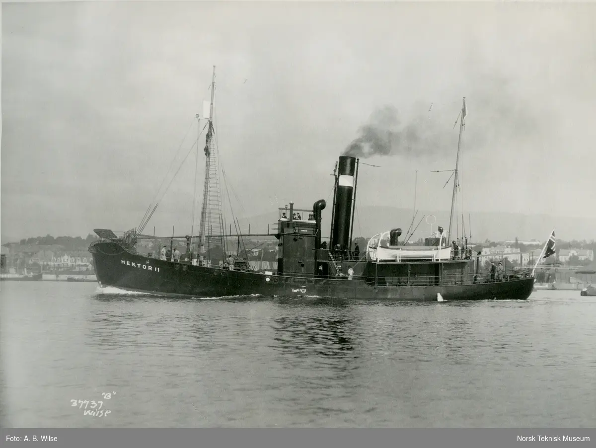 Eksteriør, hvalfangstskipet D/S Hektor II (senere omdøpt til Norman I), B/N 458 i Oslofjorden. Skipet ble levert av Akers Mek. Verksted i 1930 til A/S Hektor, ved skipsreder N. Bugge, Tønsberg.