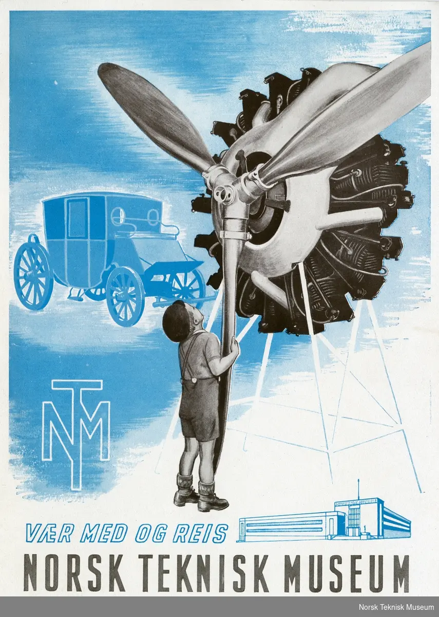 Plakat med fotografi av gutt som ser på flymotor med tegnet veteranbil i bakgrunnen og tegning av det planlagte museet med oppfordring til å støtte byggingen av nytt museum.