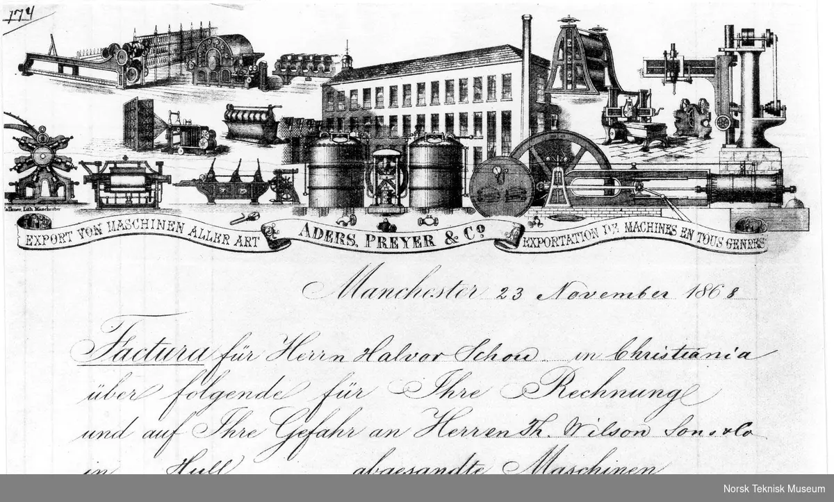 Reproduksjon fra fakturaprotokoll fra 1868 fra Hjula Væveri. Faktura fra Aders. Preyer & Co., Manchester