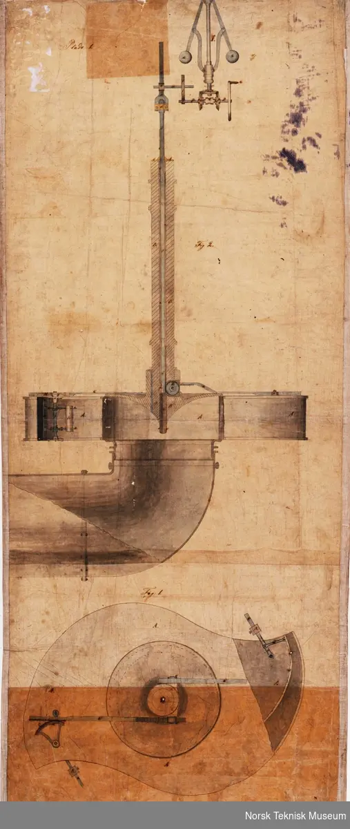 Tegning av vertikal skotsk turbin med to løp. Konstruert ved J. & A. Jensen og Dahl, tegnet av Oluf Nicolai Roll i 1850