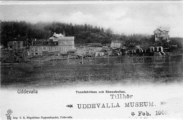 Tryckt text på vykortets framsida: "Uddevalla. Tunnfabriken och Skanskullen."