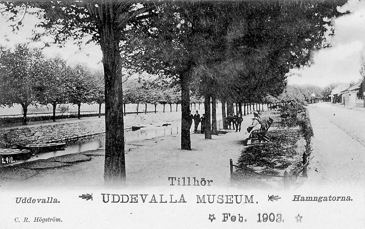 Tryckt text på vykortets framsida: "Uddevalla Hamngatorna".
