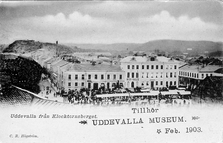 Tryckt text på vykortets framsida: "Uddevalla från Klocktornsberget".
