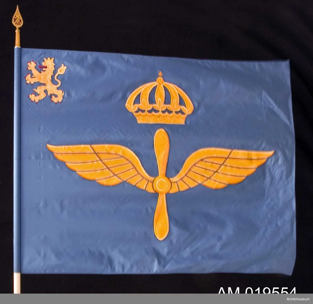 Fanan är av siden. Motivet består av en bevingad propeller krönt av en kunglig krona, broderad i gult silke. I övre vänstra hörnet finns ett götalejon med röd tunga och klor, även det broderat. På doppskon finns texten: "Kungliga Göta Flygflottilj".