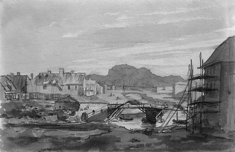 Enligt tidigare notering: "Avfotografering av tavla av J. Th. James 1814. Utsikt från Hasselbacken nedåt Bäveån."