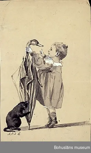 Barn (flicka), paraply och katt