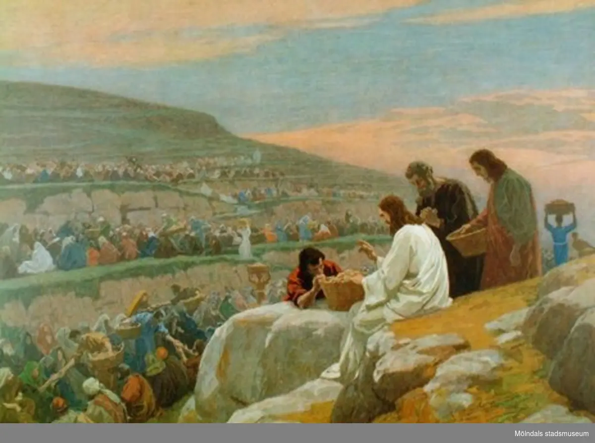 Kristendomskunskap:Jesus bespisar 5000 män.Bibeln i bild nr. 28.Konstnär: G. Fugel.