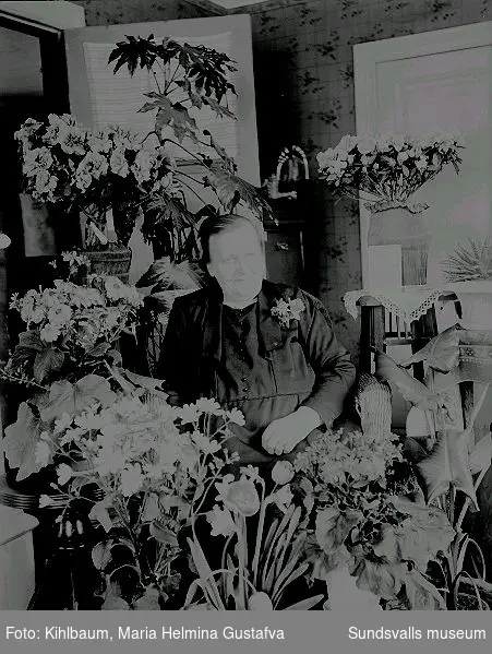 Porträtt i rumsmiljö, kvinna omgiven av blommor.