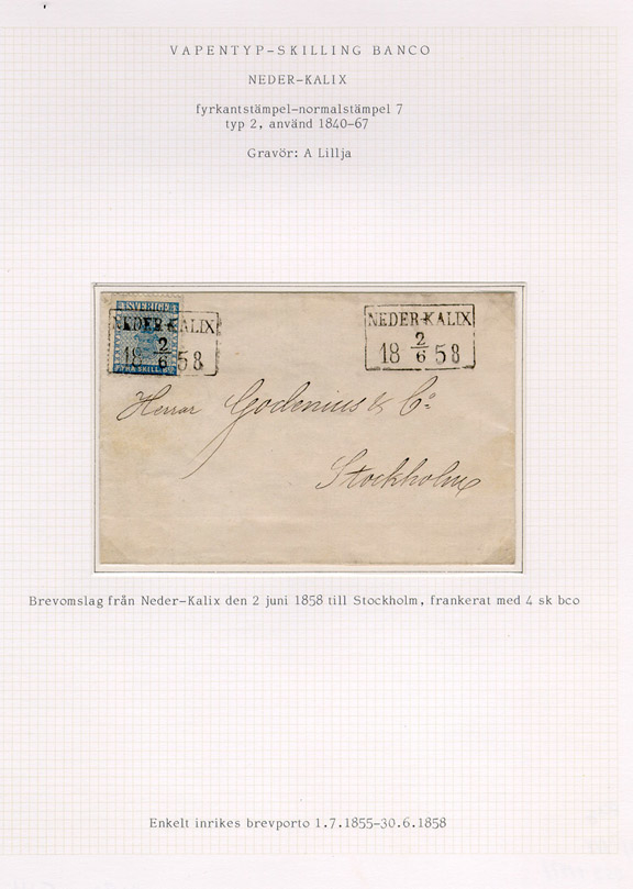 Albumblad innehållande 1 monterat brev

Text: Brevomslag från Neder-Kalix den 2 juni 1858 till Stockholm,
frankerat med 4 sk bco.

Stämpeltyp: Normalstämpel 7