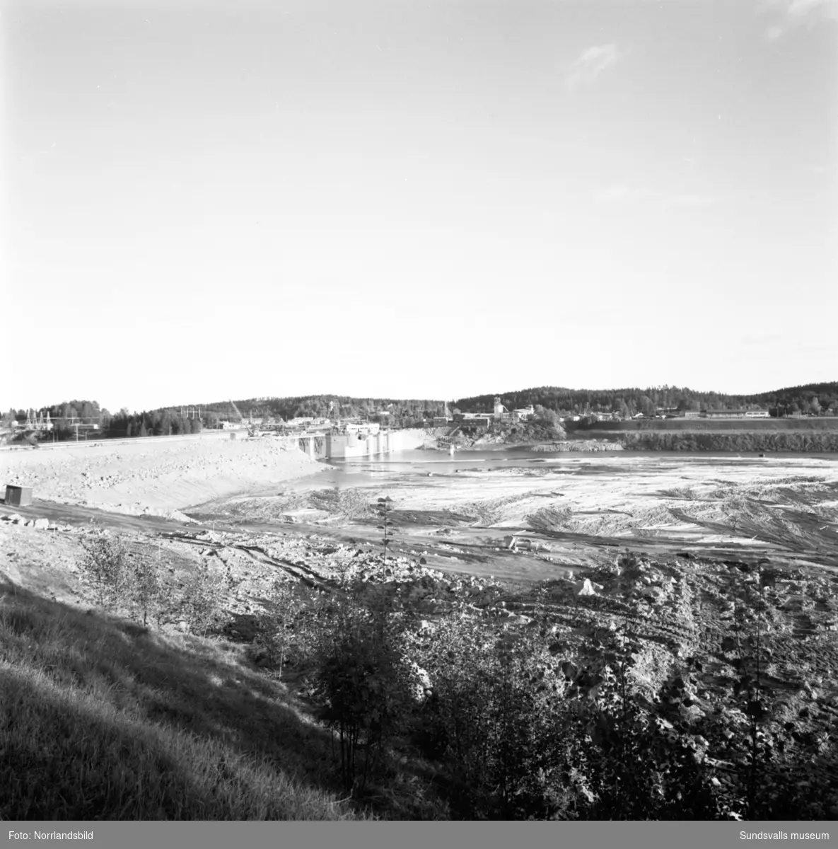 Panorama över Bergeforsen med massor av flytande timmer i Indalsälven. Fotograferat i motljus.