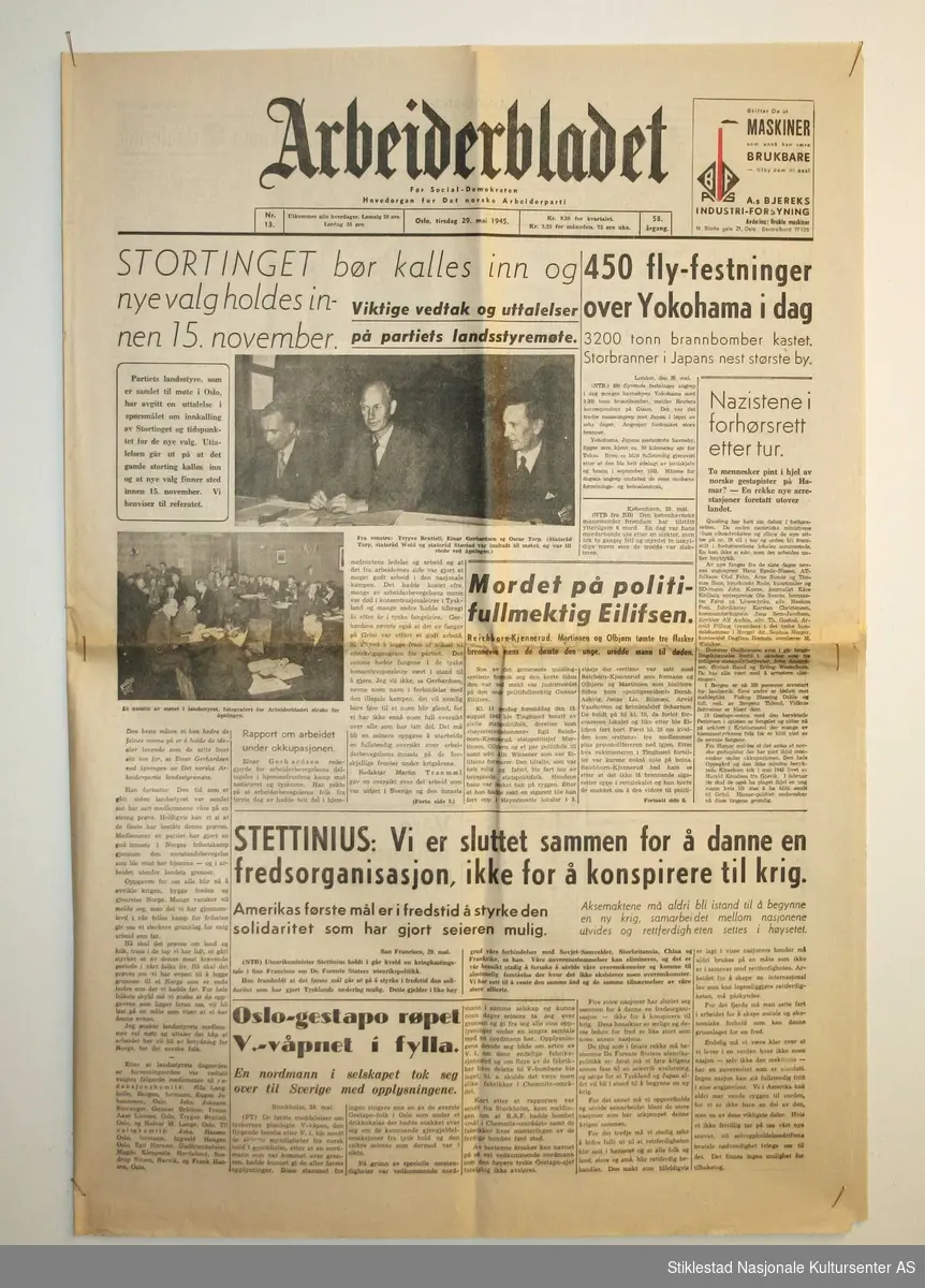 Avisen Arbeiderbladet med 8 sider i Berlinerformat. Utgitt våren 1945, andre utgave. Det norske arbeiderpartis dagsavis i Oslo. Illustrert med bilder.