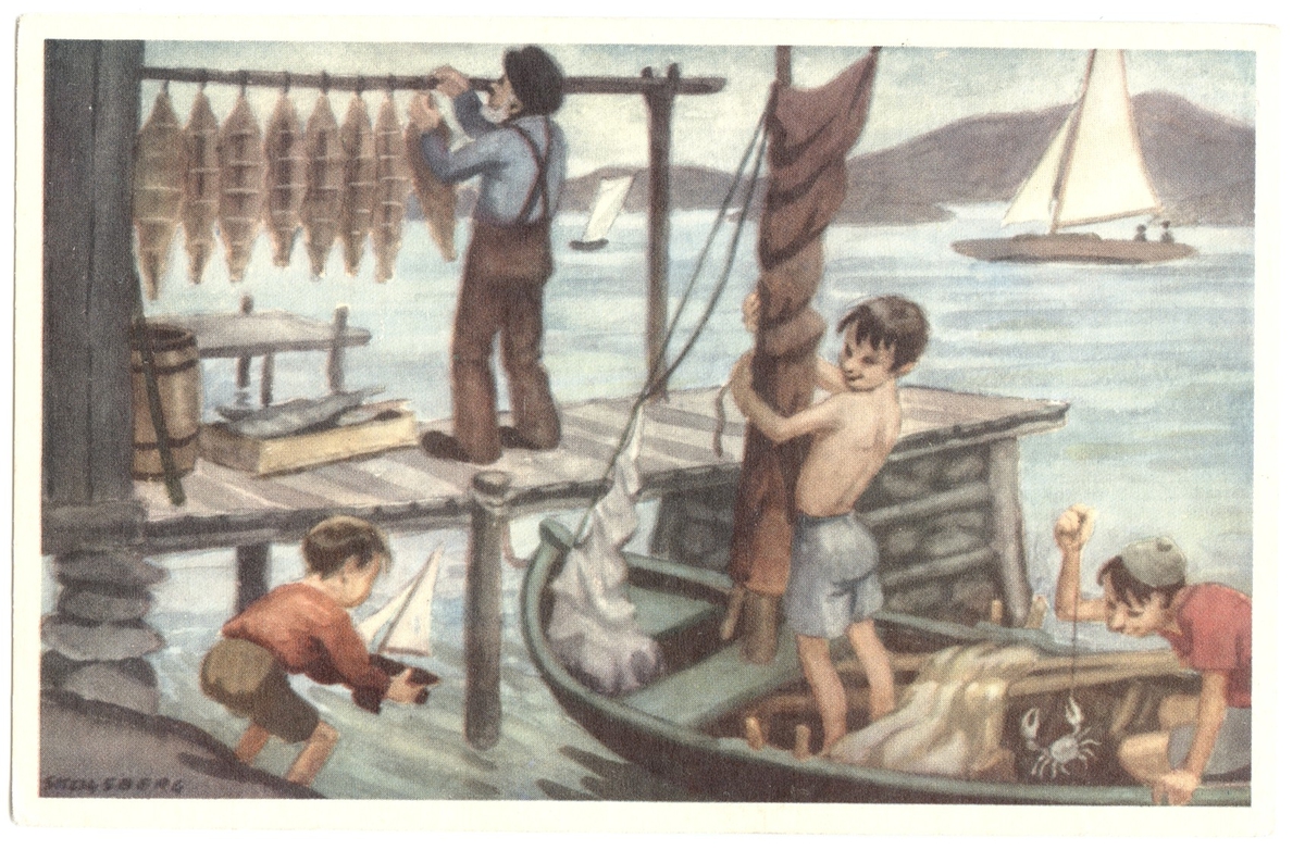 Vykort. Ett kort av en samling med fem. Motiv/dekor: Fiskare, barn, båtar