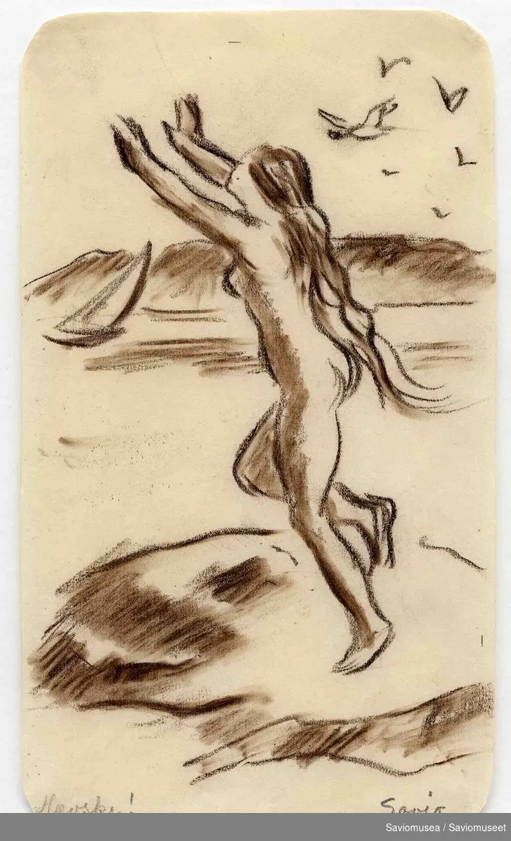Kystlandskap med svaberg. En naken kvinne springer over svabergene med armene løftet og håret flagrende bak seg. Bakgrunn med seilbåt, fjell og himmel med måker.