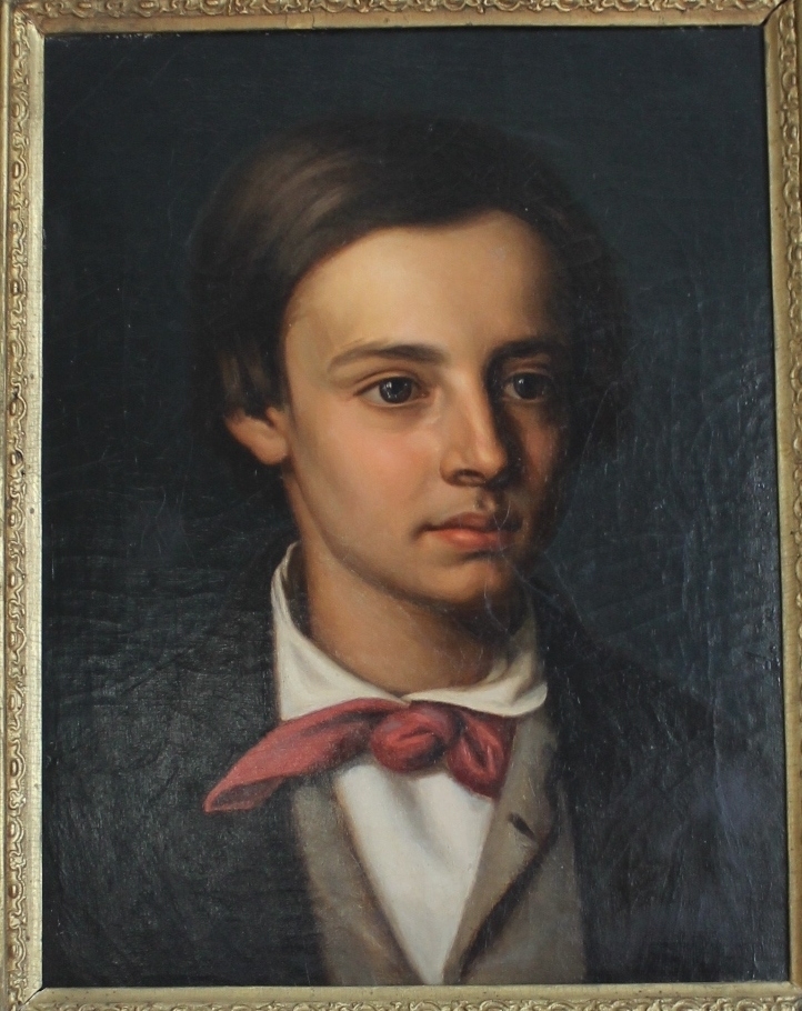 Portrett av Christian Homann Schweigaard malt med mørk jakke, beige vest, hvit skjorte, rødt halsbind med sløyfe.