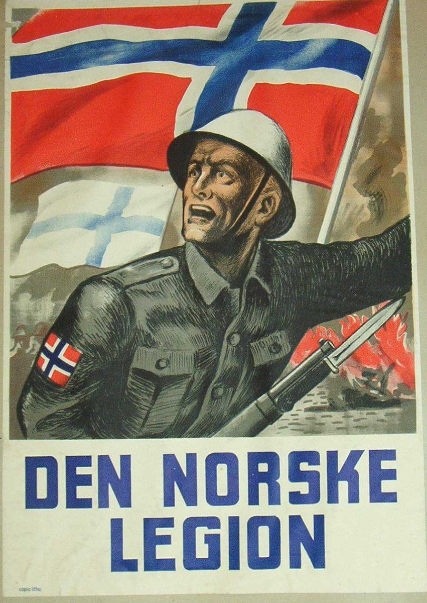 Soldat iført hjelm og med det norske flagg på armen.  Bevæpnet med gevær.  Bak ham vaier et norsk og et finsk flagg.  I bakgrunnen skimtes flammer og flere soldater.
