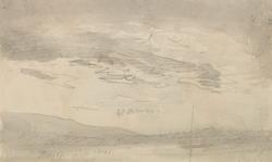 Skystudie med kystparti og seilbåt [Tegning]