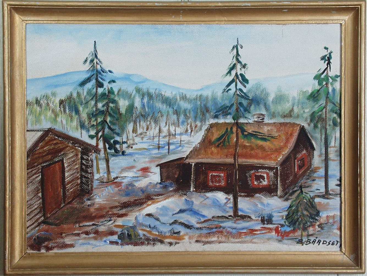 Maleri av hytte i fjellet, olje på lerret.