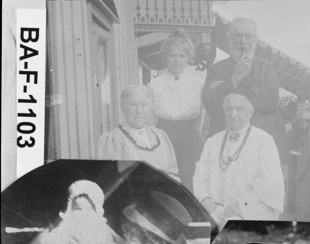 Diverse fotografi innrammet med eikeramme. Den er dekorert med metallriller.