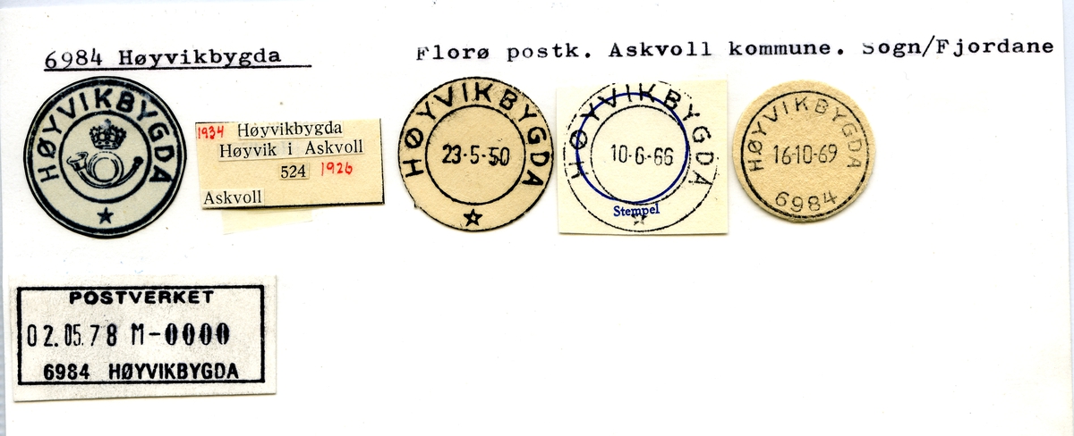 Stempelkatalog. 6984 Høyvikbygda. Florø postkontor. Askvoll kommune. Sogn og Fjordane fylke.