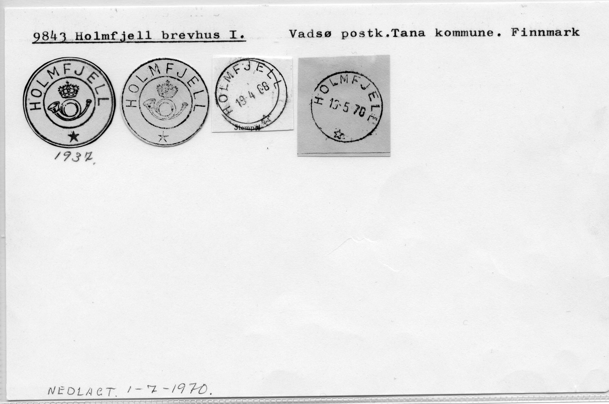 Stempelkatalog. 9843 Holmfjell brevhus I. Vadsø postkontor. Tana kommune. Finnmark fylke.