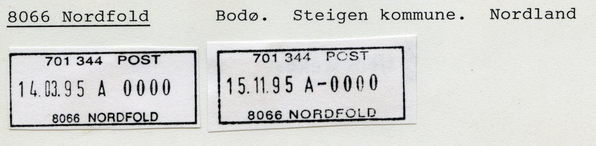 Stempelkatalog. 8066 Nordfold. Bodø postkontor. Steigen kommune. Nordland fylke.