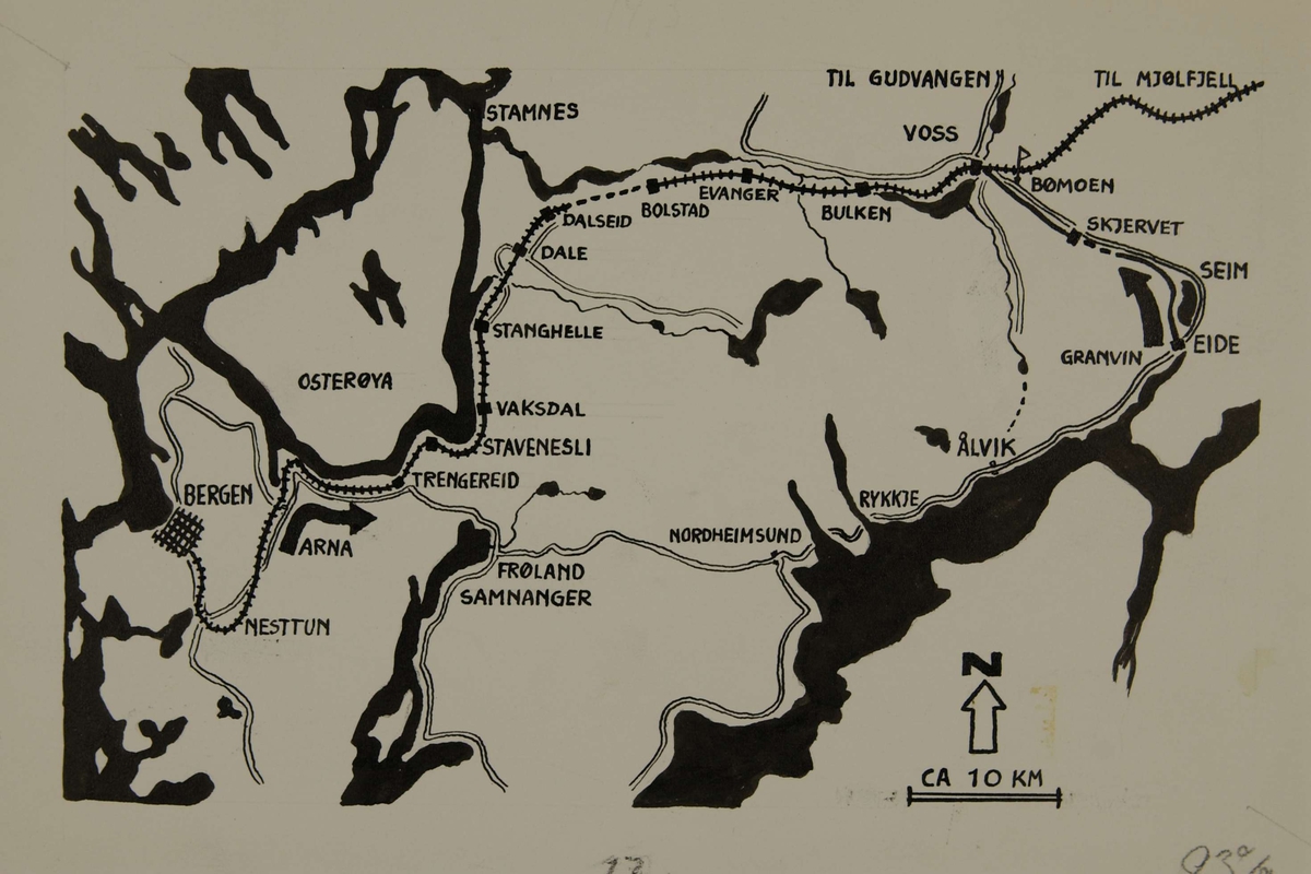 Kart over kampene ved Bergensavsnittet med Voss og Hardanger. Kampene i Norge 1940, bind 2, side 10.