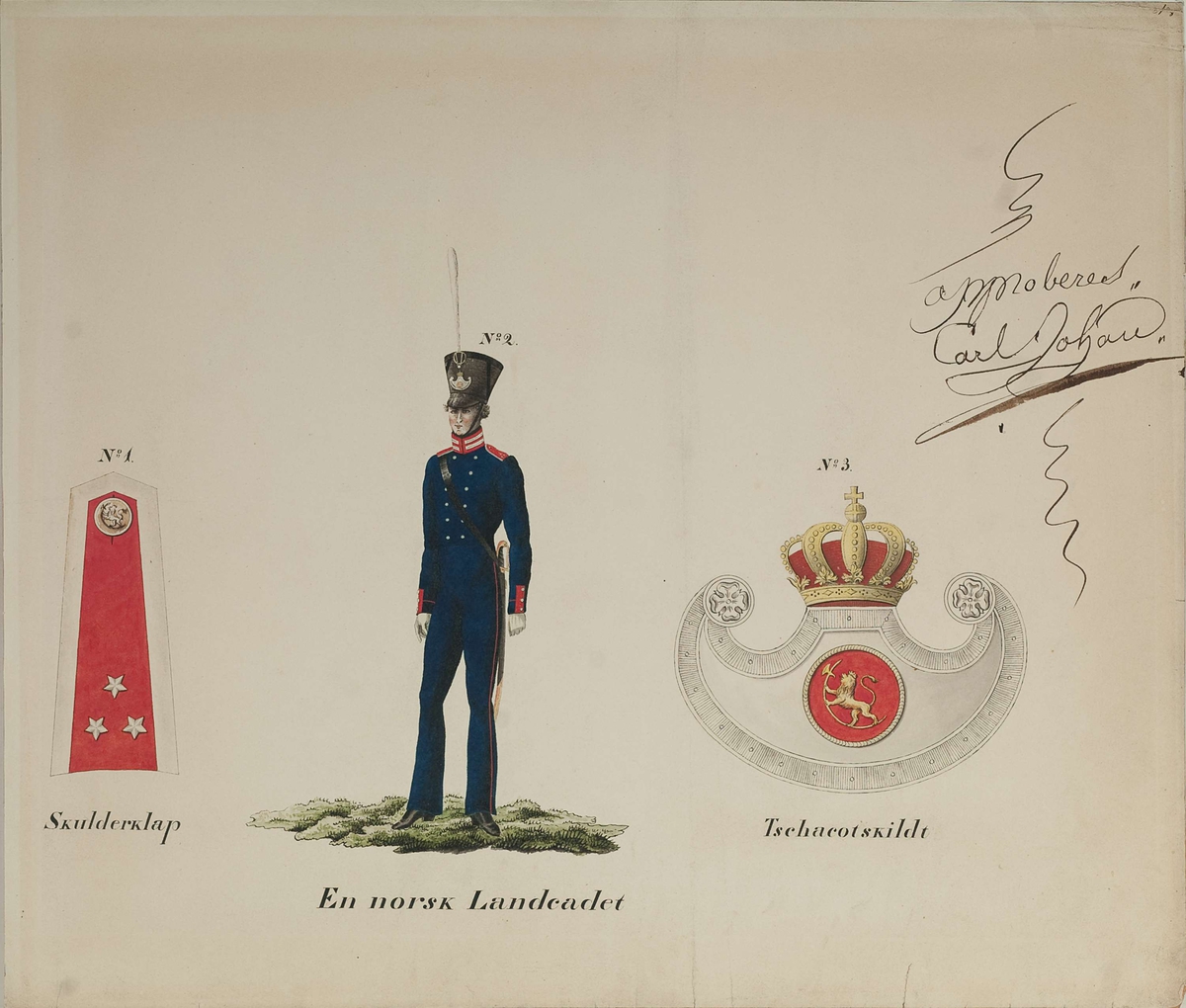 Approbasjonstegning av skulderklaff, uniform og chakotskilt for landkadett, approbert av Carl Johan 1830. Tekst: En norsk Landcadet.
